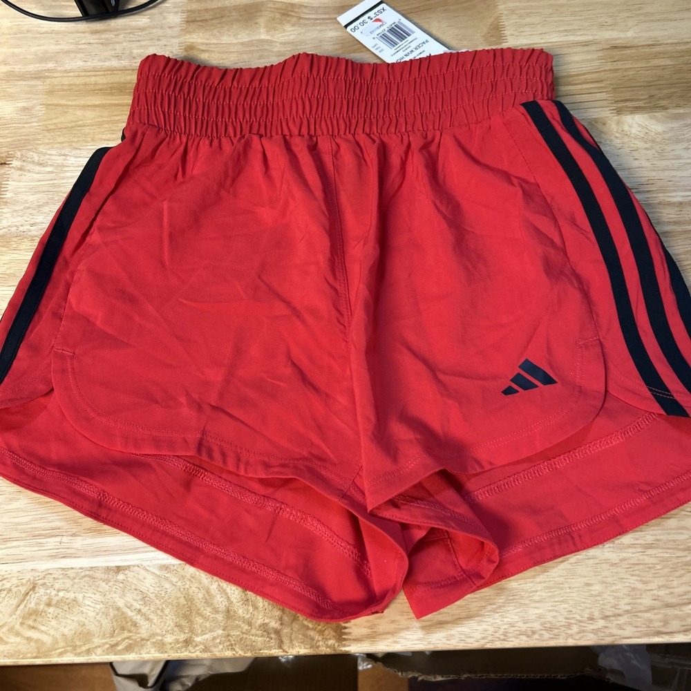 Adidas Pacer Training Shorts Womens XS Red 3-Stripes Woven High-Rise JD2287